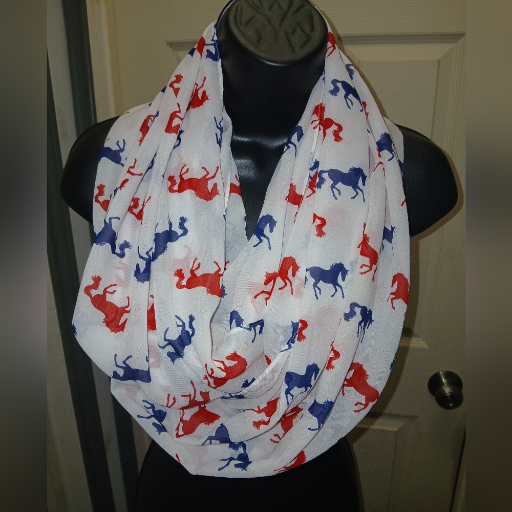 White Infinity Scarf with Red and Blue Horse Print